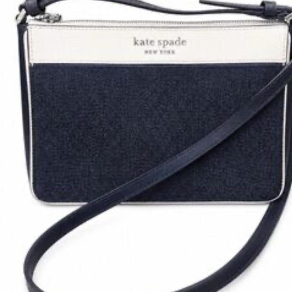 Kate Spade New York Navy Denim and White Leather Crossbody Bag Zip Top